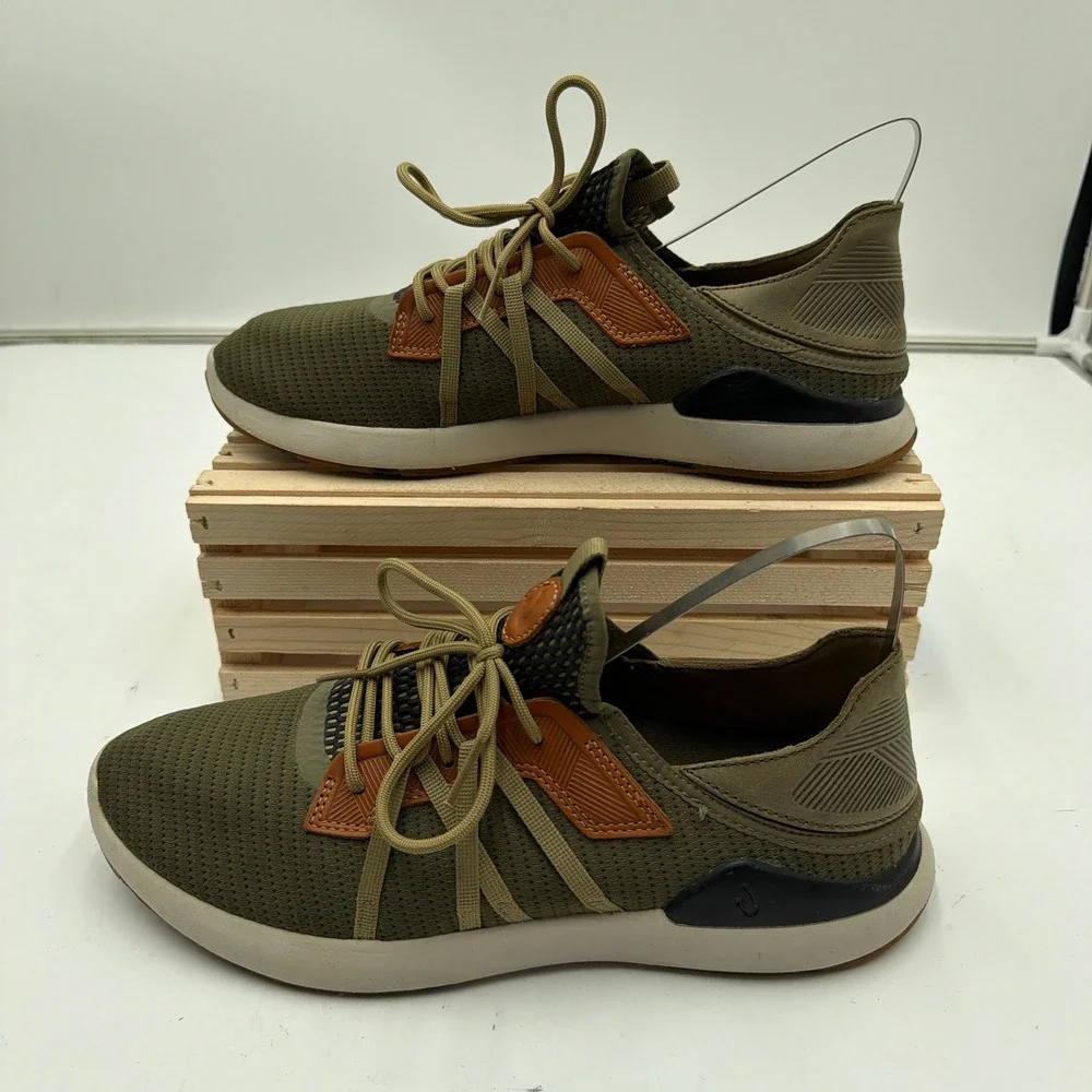 OluKai Sneakers Mio Li Mesh Leather Wet Grip Rubber Olive Green Mens 10